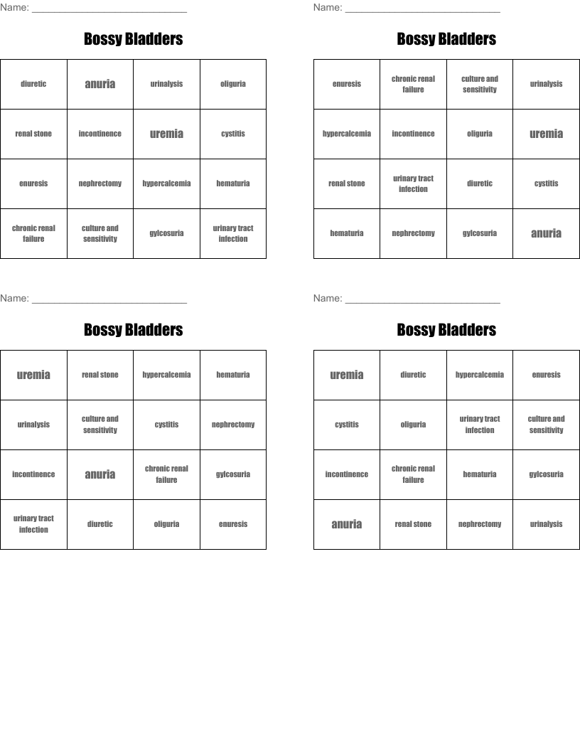 Bossy Bladders Bingo Cards