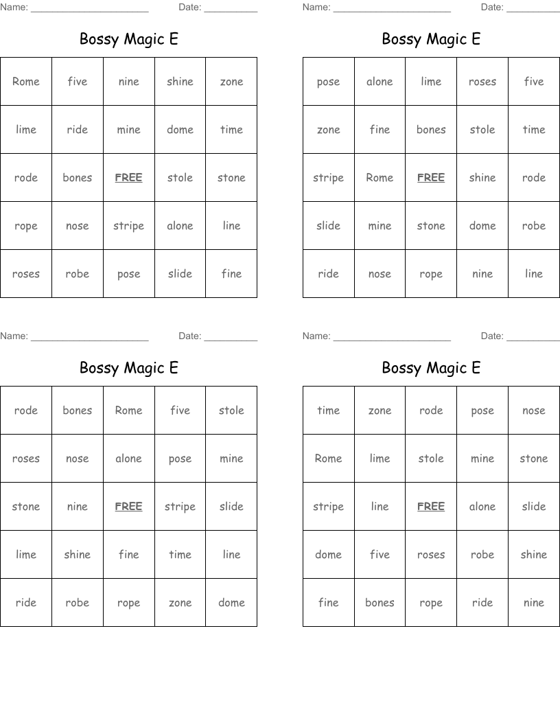 Bossy Magic E Bingo Cards
