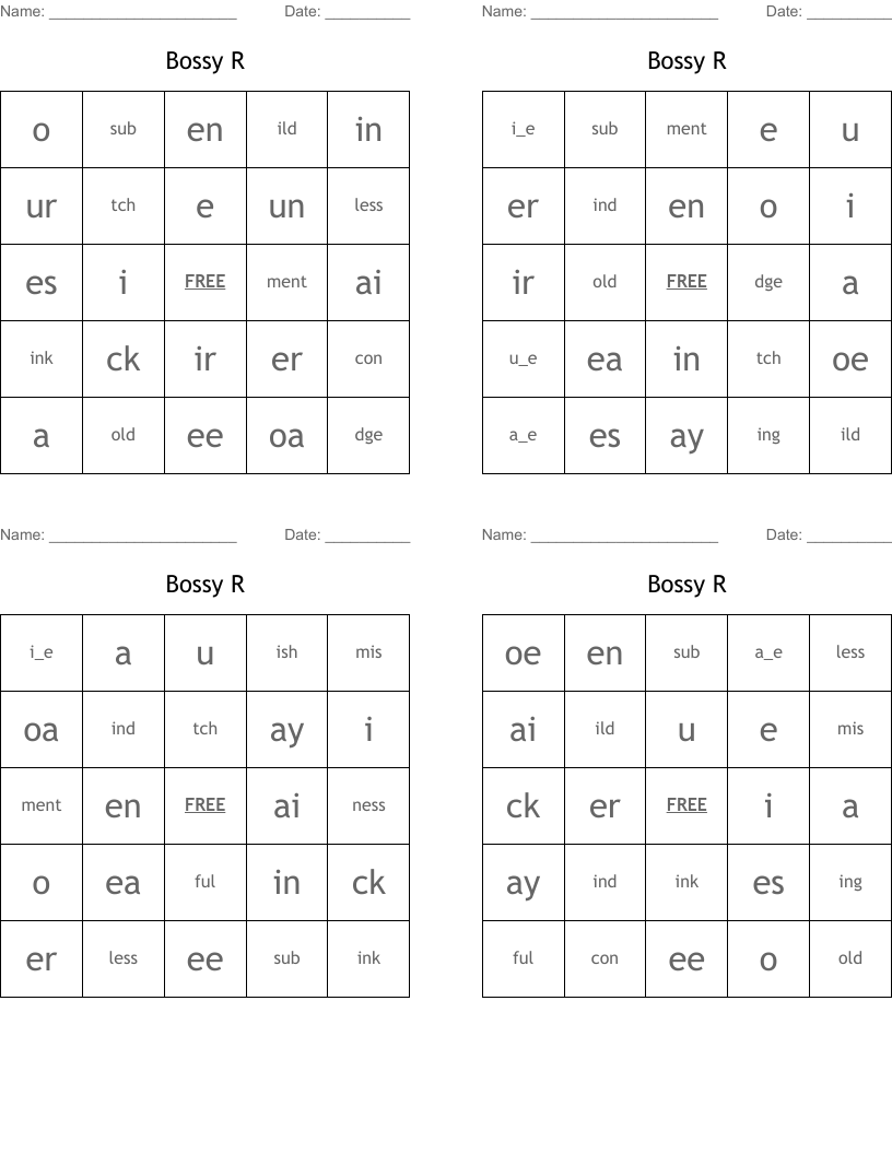 Bossy R Bingo Cards