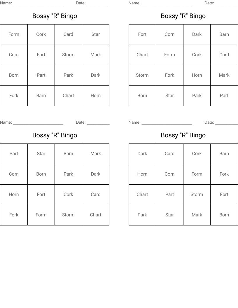 Bossy "R" Bingo
