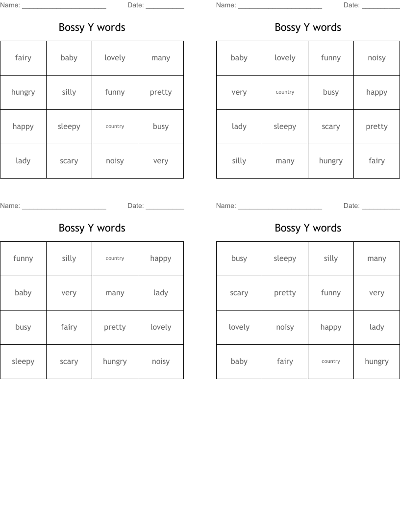 Bossy Y words Bingo Cards