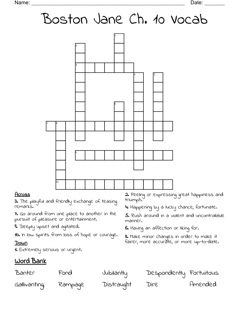 Boston Jane Ch. 10 Vocab Crossword