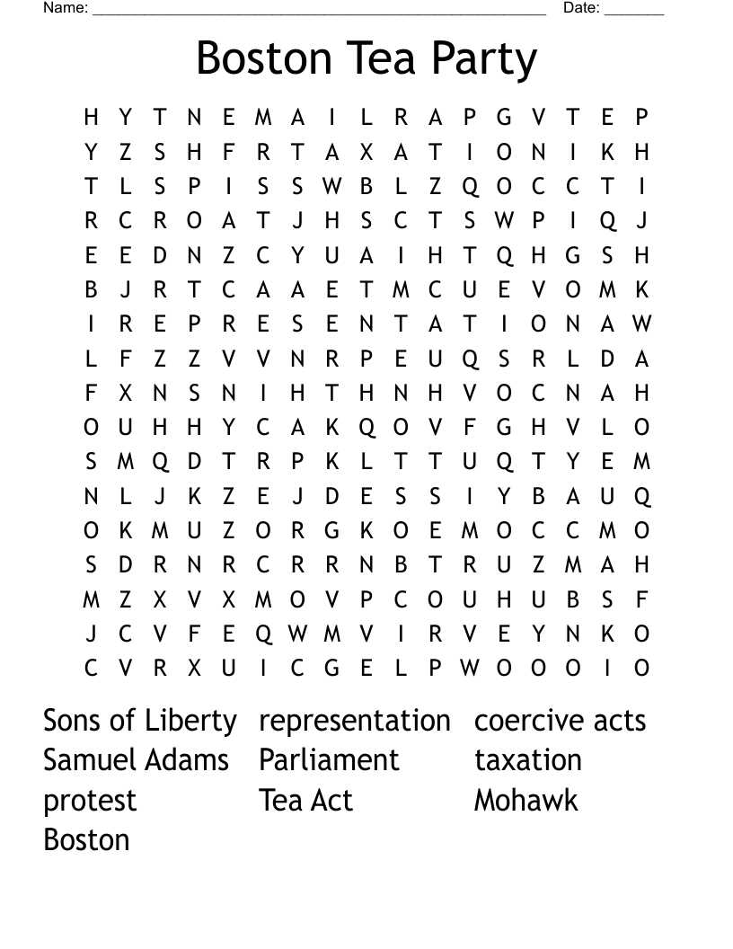 Boston Tea Party Word Search