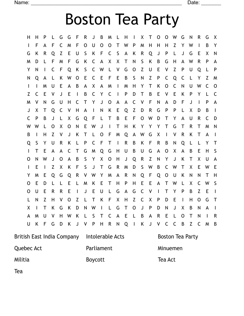 Boston Tea Party Word Search