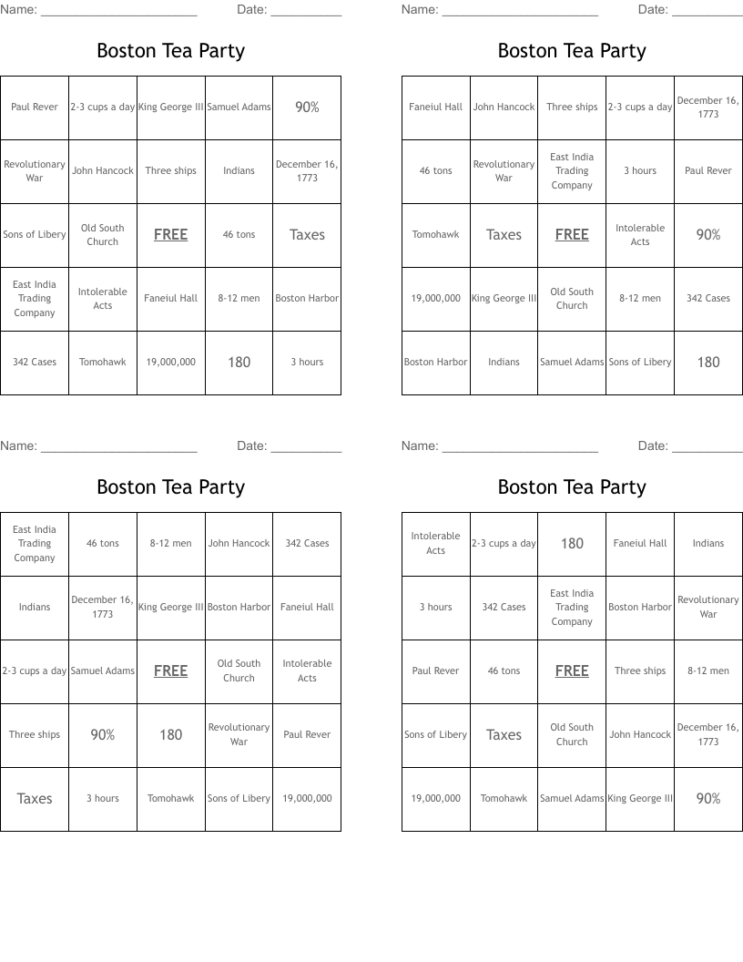 Boston Tea Party Bingo Cards