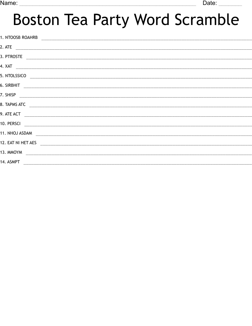 Boston Tea Party Word Scramble
