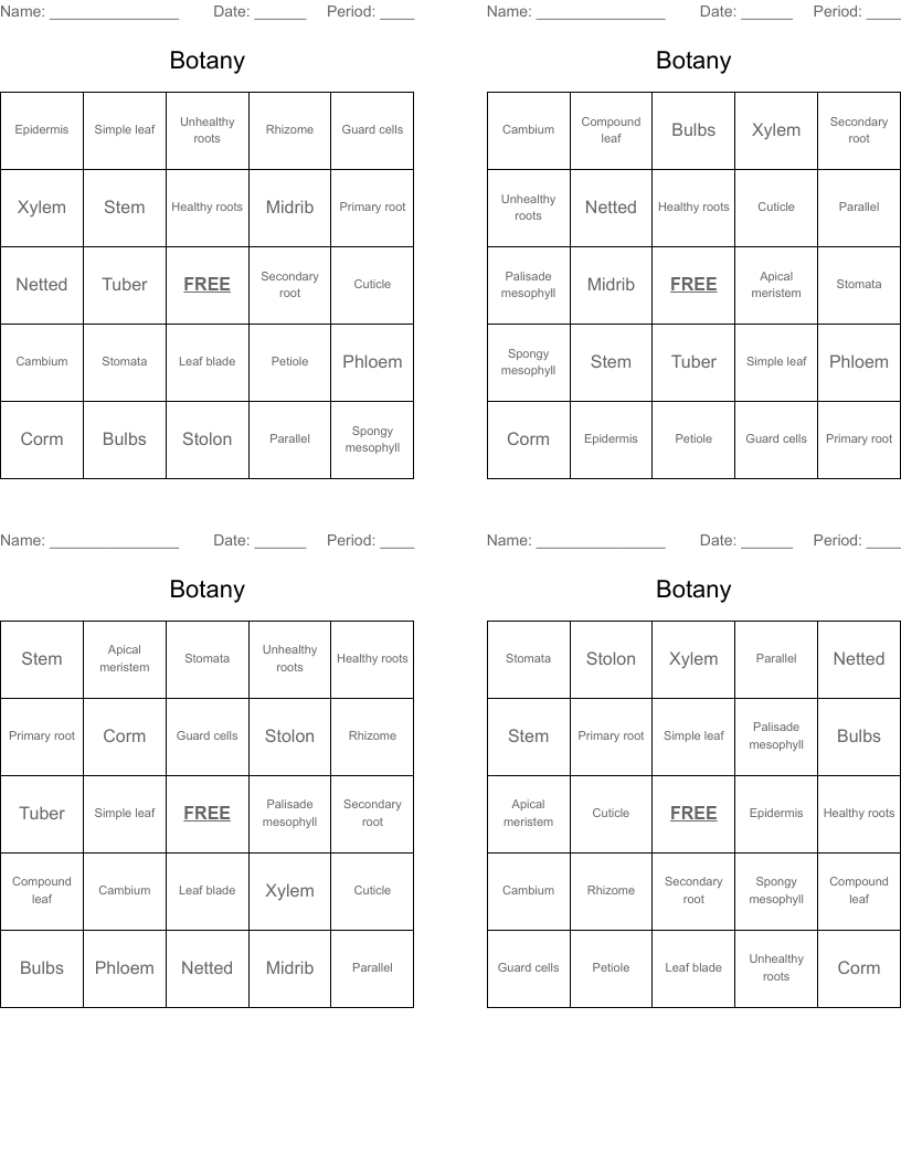 Botany Bingo Cards