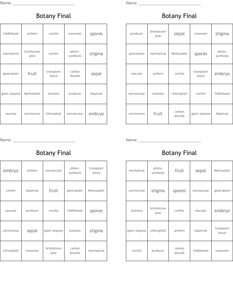 Botany Final Bingo Cards