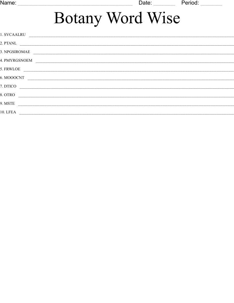 Botany Word Wise Word Scramble