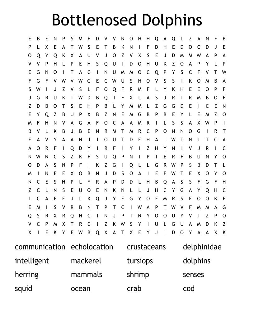 Bottlenosed Dolphins Word Search