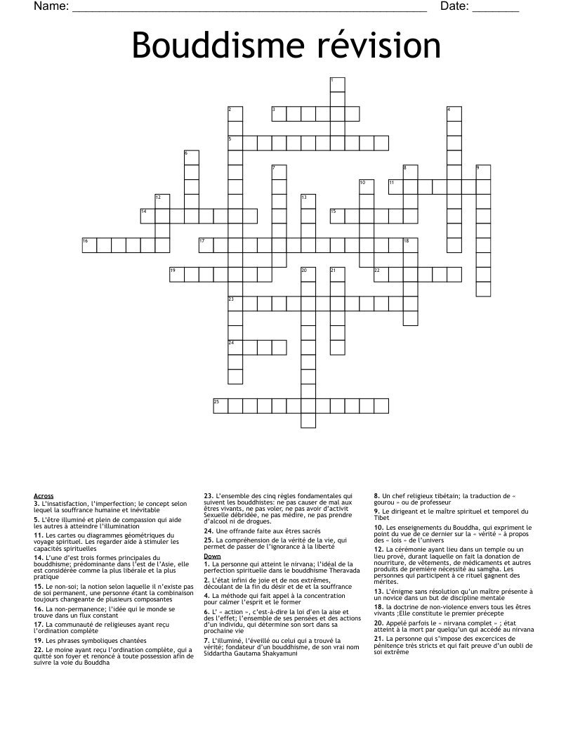 Bouddisme révision Crossword