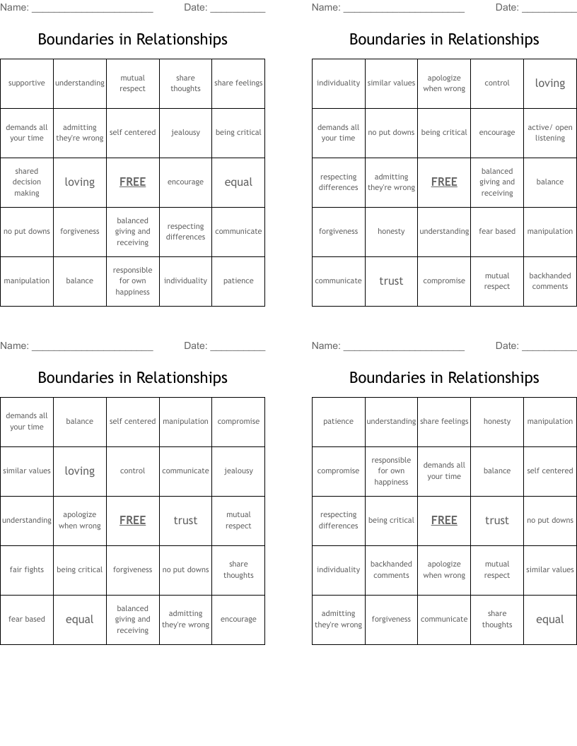 Boundaries in Relationships Bingo Cards
