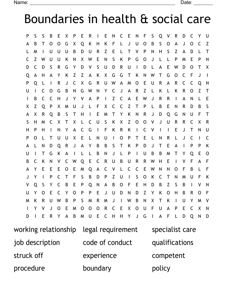 Boundaries in health & social care Word Search