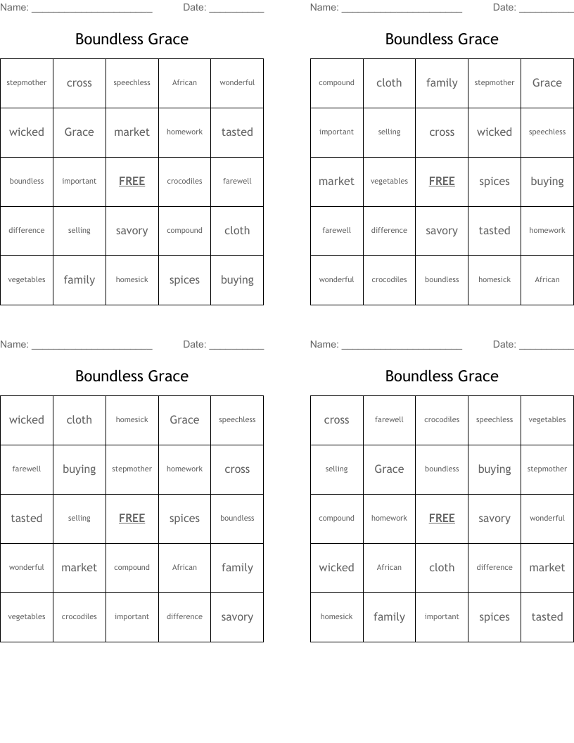 Boundless Grace  Bingo Cards