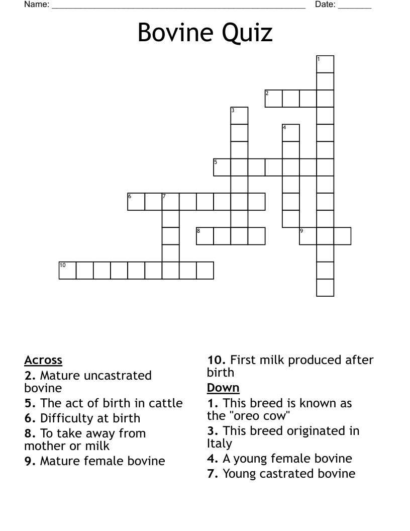 Bovine Quiz Crossword