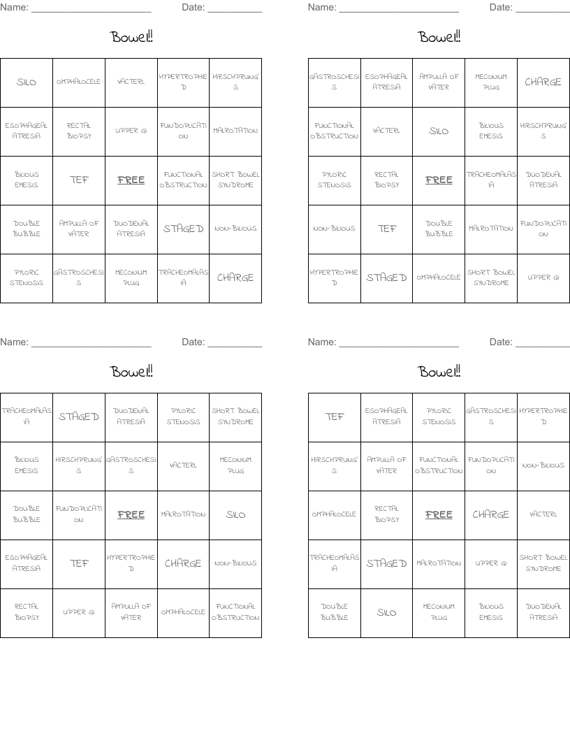 Bowel!! Bingo Cards