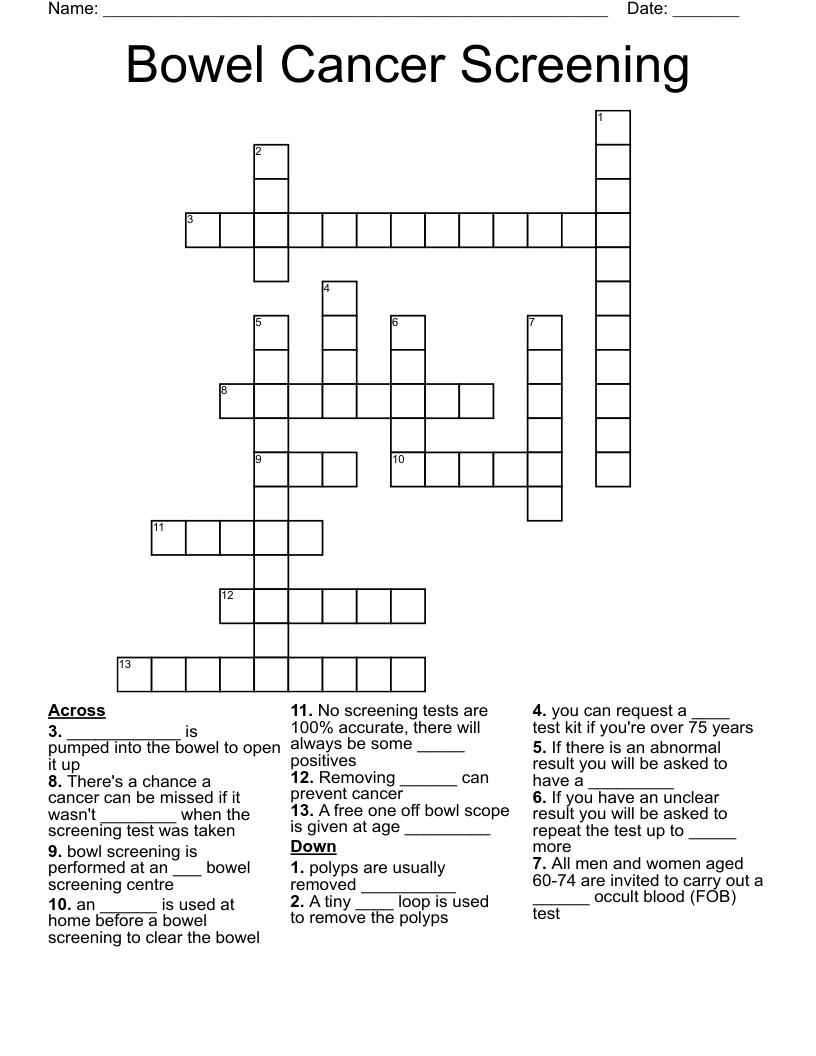 Bowel Cancer Screening Crossword