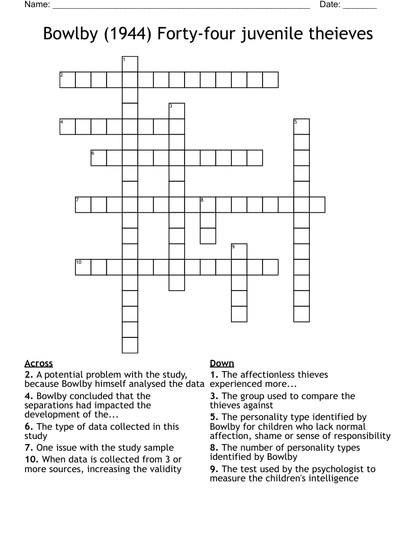 Bowlby (1944) Forty-four juvenile theieves Crossword