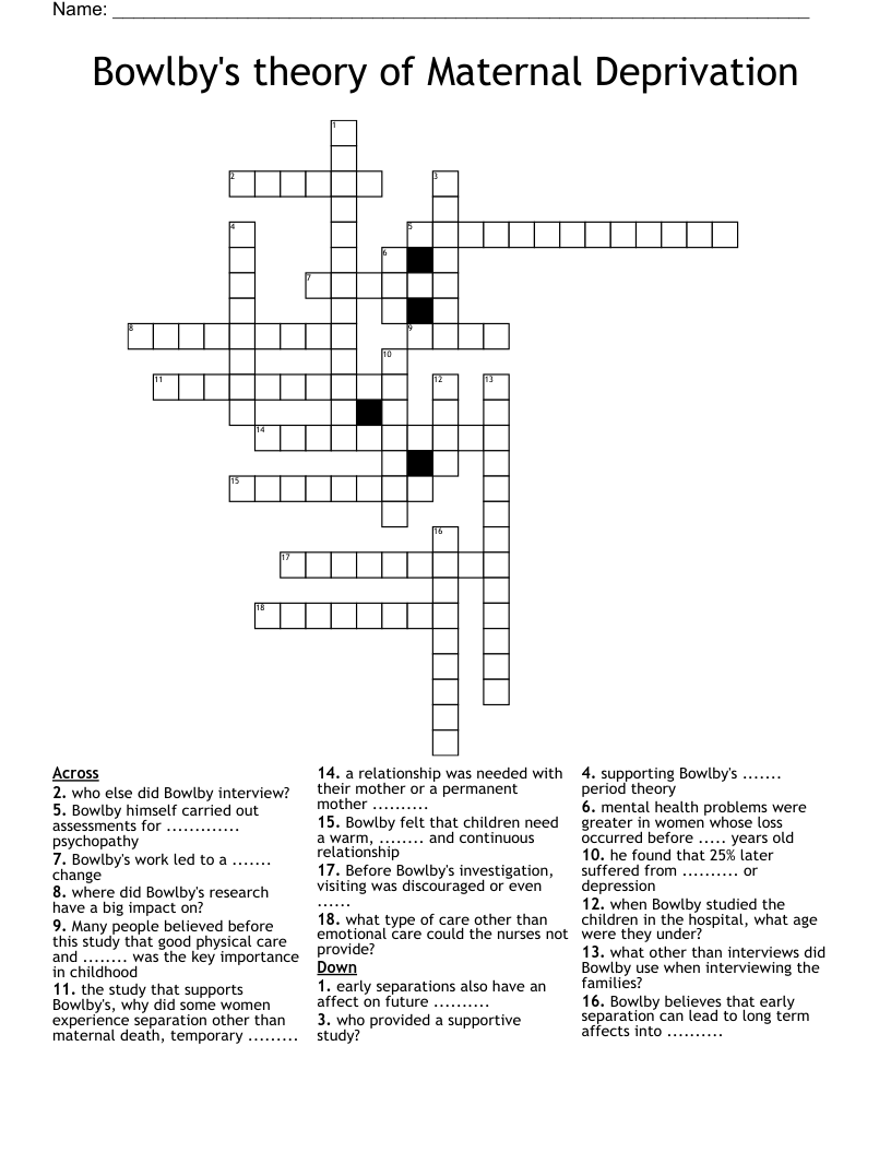 Bowlby's theory of Maternal Deprivation Crossword
