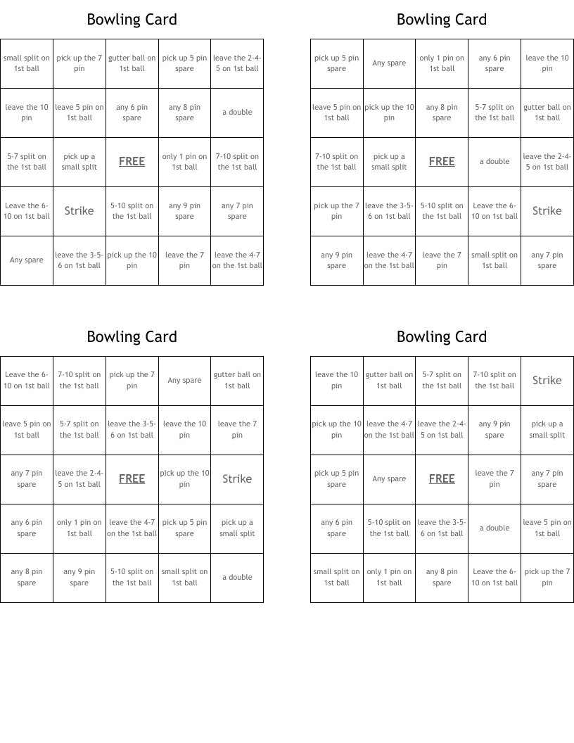 Bowling Card Bingo Cards
