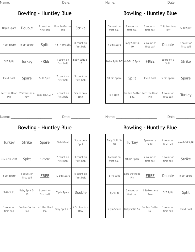 Bowling - Huntley Blue Bingo Cards
