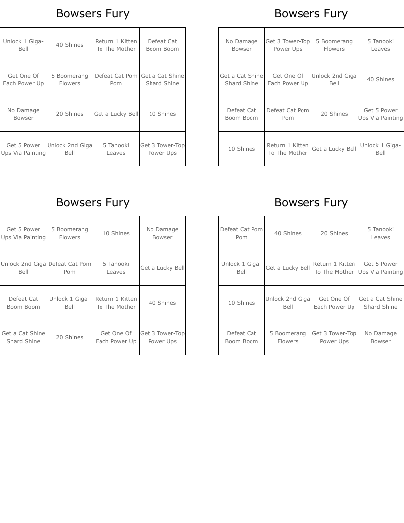 Bowsers Fury Bingo Cards