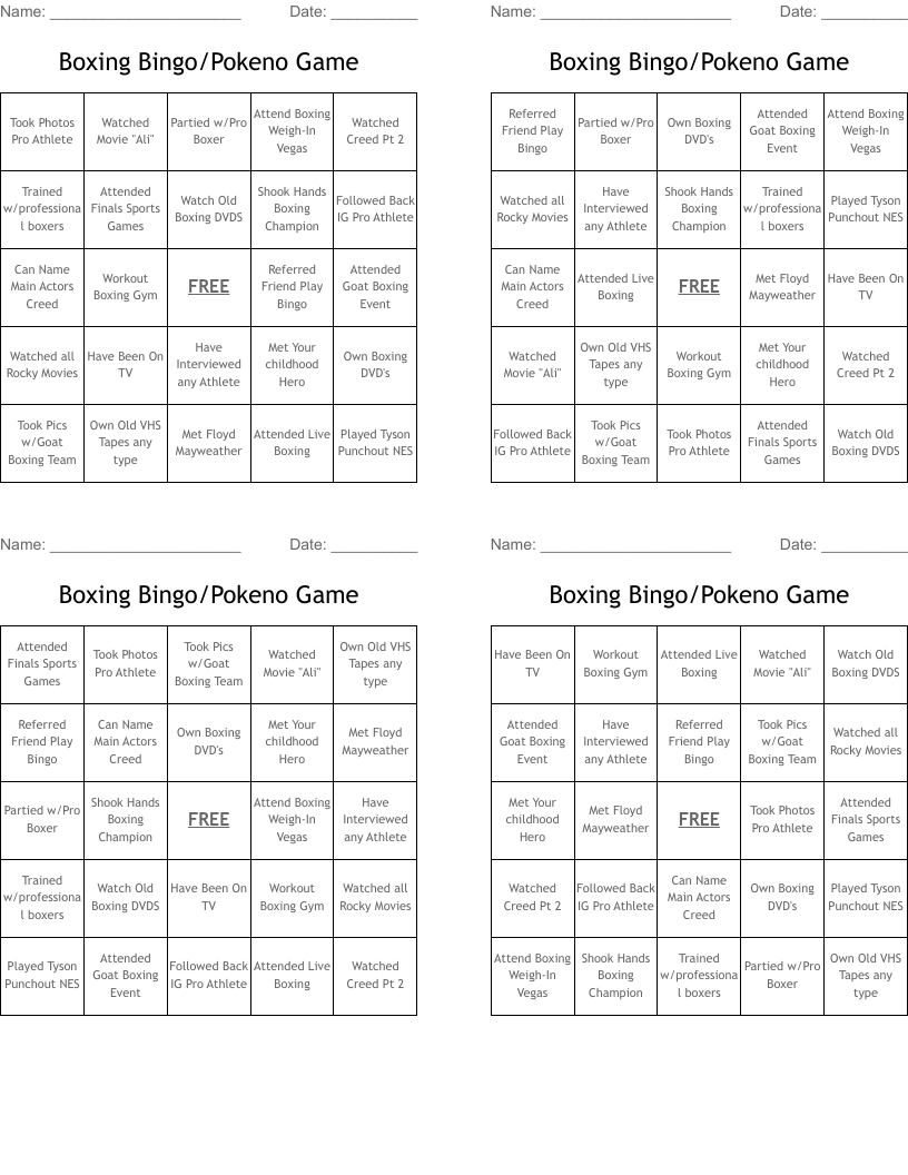 Boxing Bingo/Pokeno Game