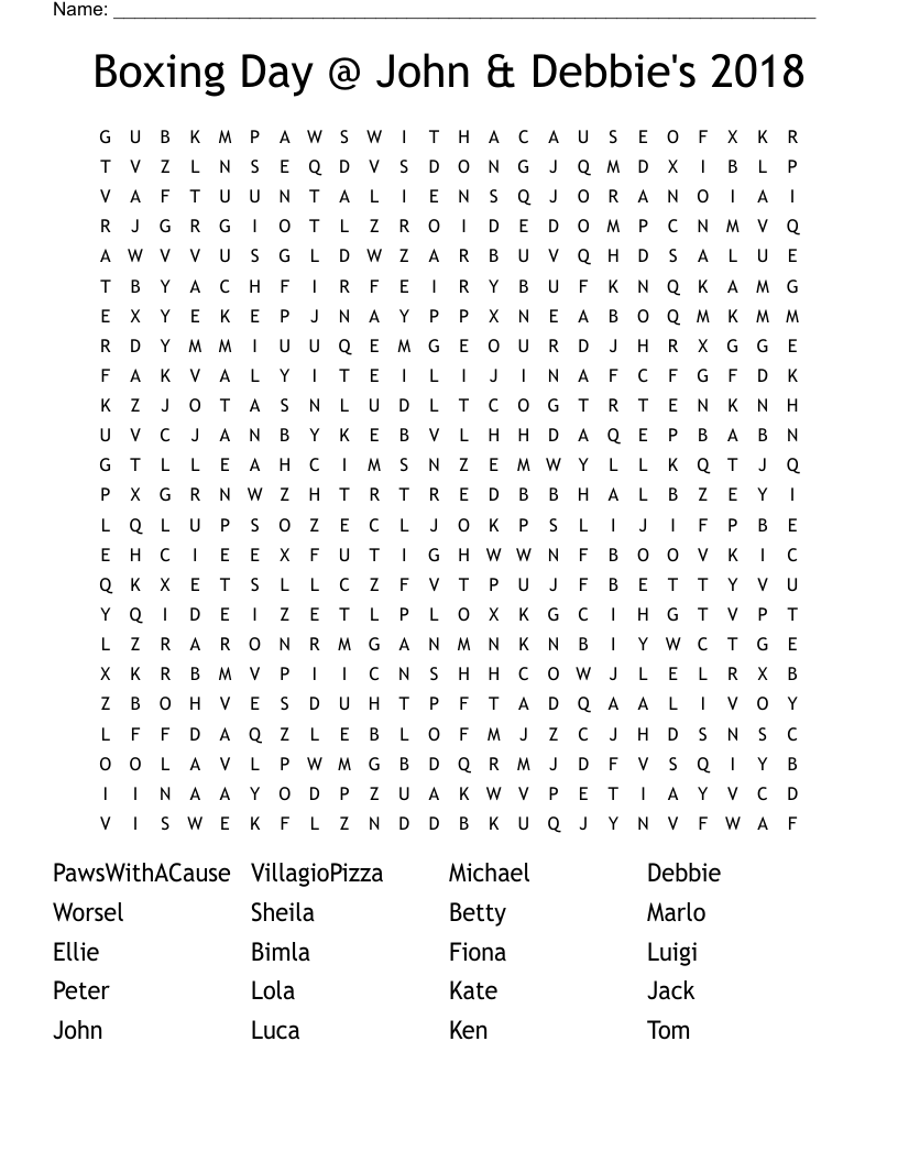 Boxing Day @ John & Debbie's 2018 Word Search