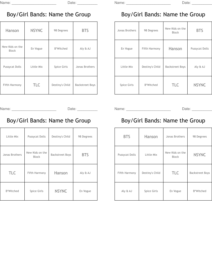 Boy/Girl Bands: Name the Group Bingo Cards