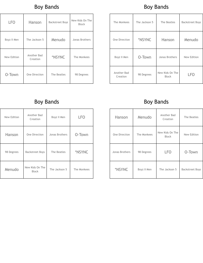 Boy Bands Bingo Cards