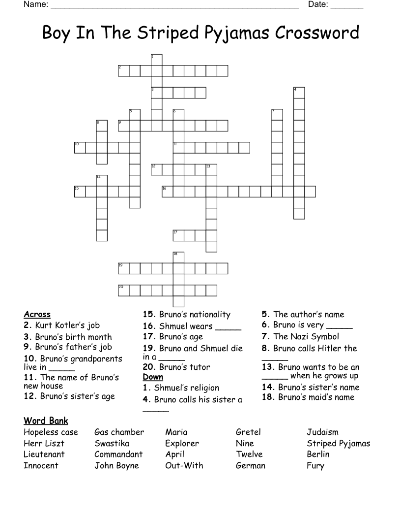 Boy In The Striped Pyjamas Crossword
