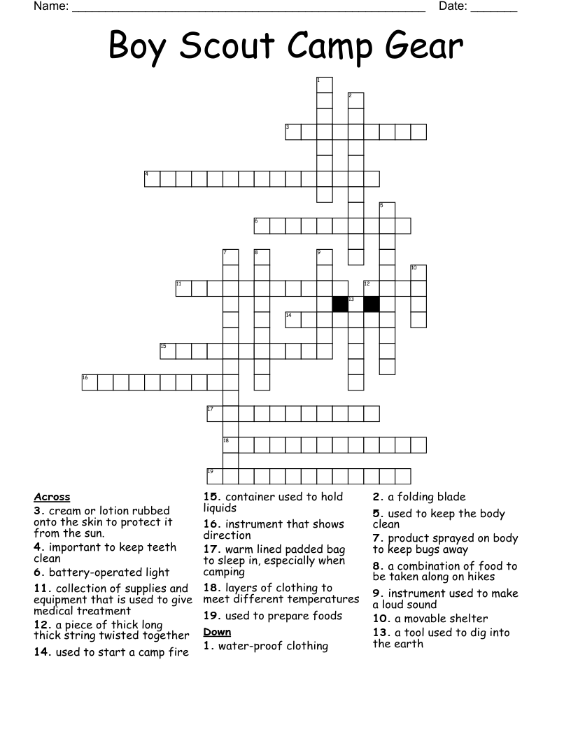Boy Scout Camp Gear Crossword