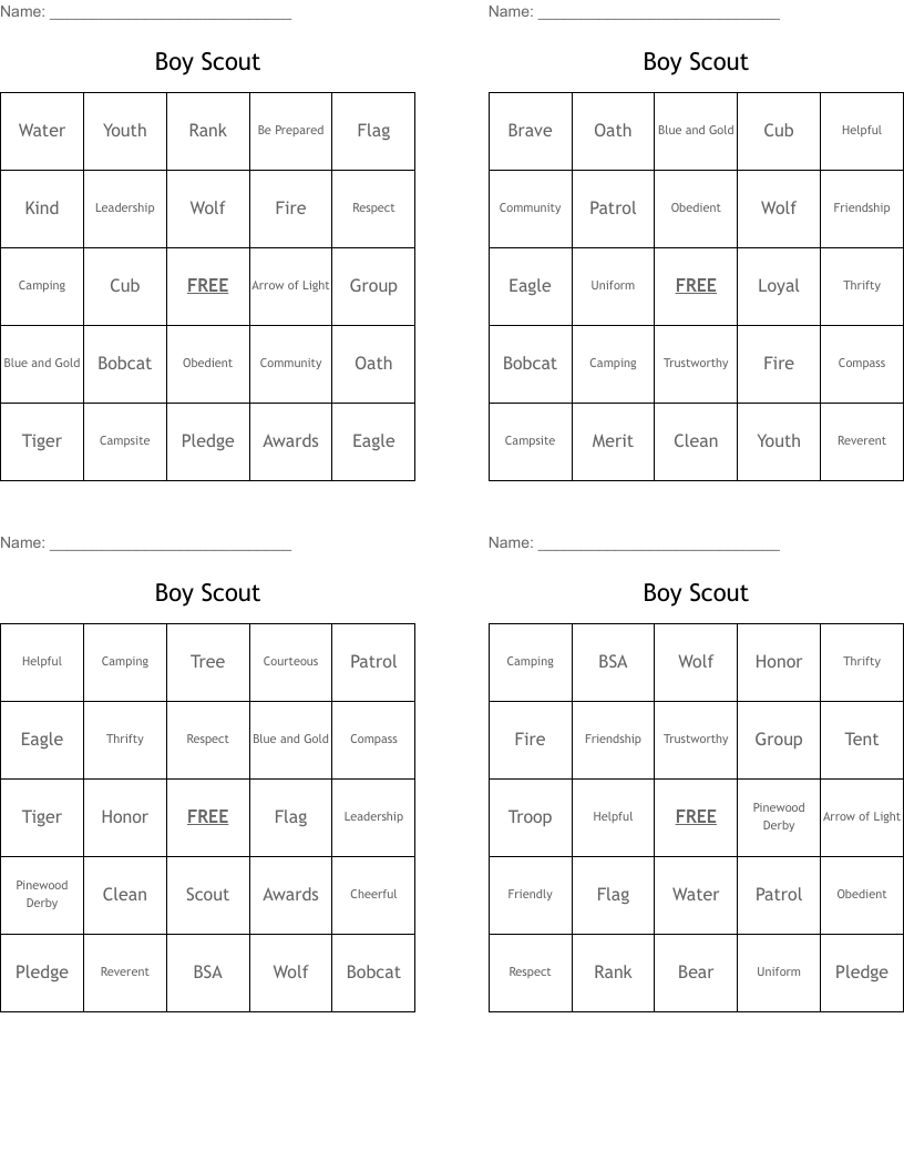 Boy Scout  Bingo Cards