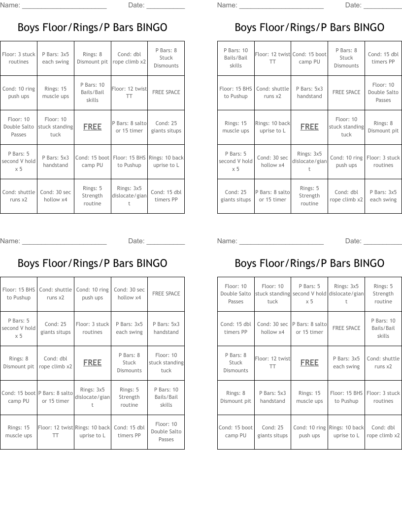 Boys Floor/Rings/P Bars BINGO