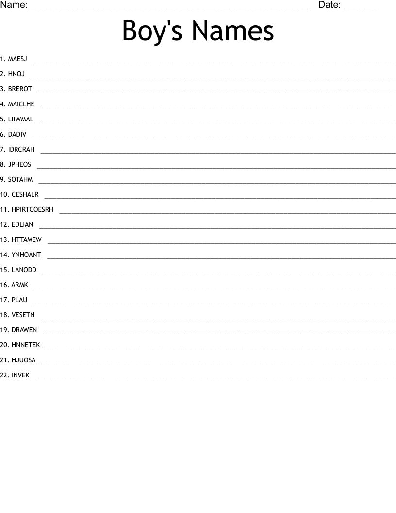 Boy's Names Word Scramble