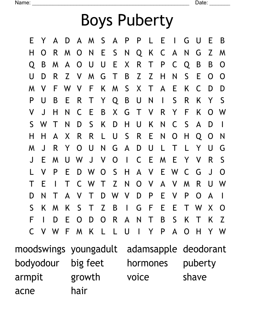 Boys Puberty Word Search