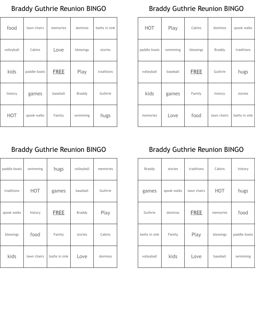 Braddy Guthrie Reunion BINGO