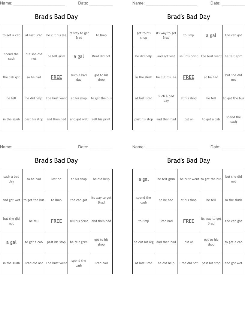 Brad's Bad Day Bingo Cards