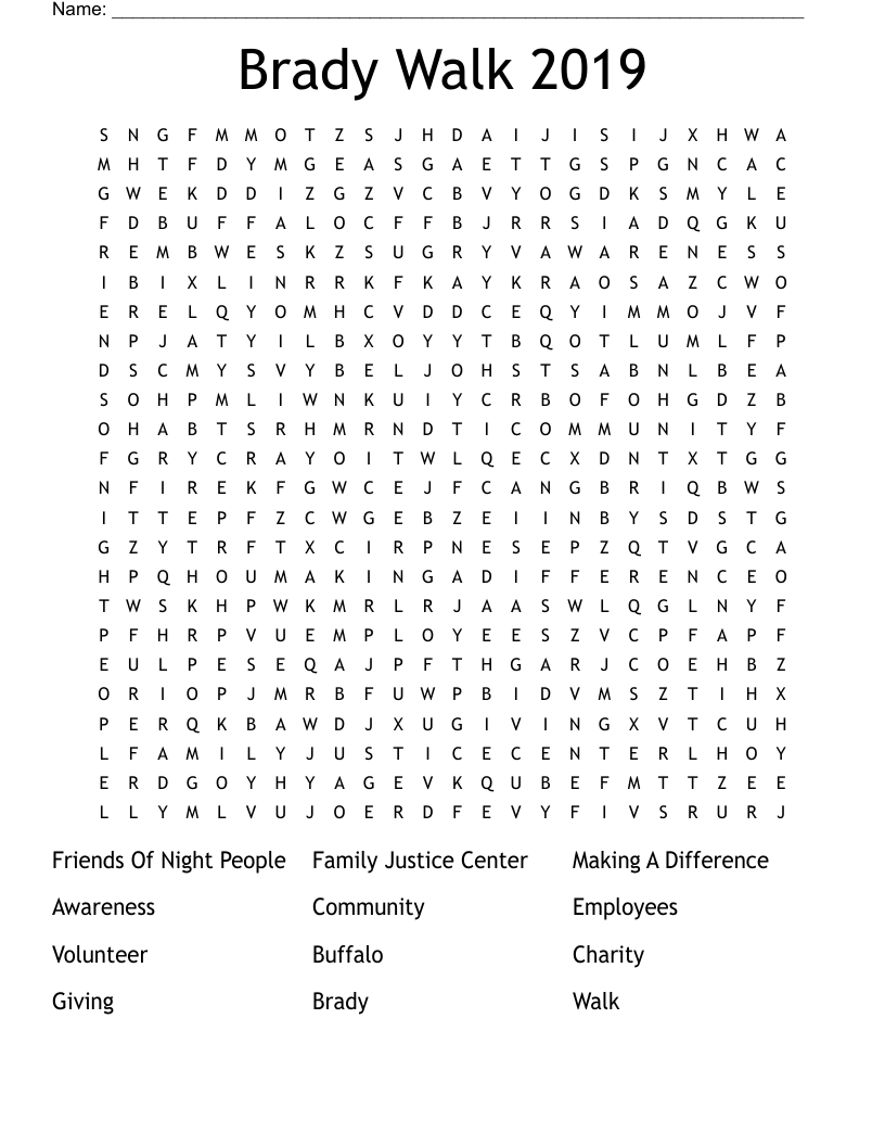 Brady Walk 2019 Word Search