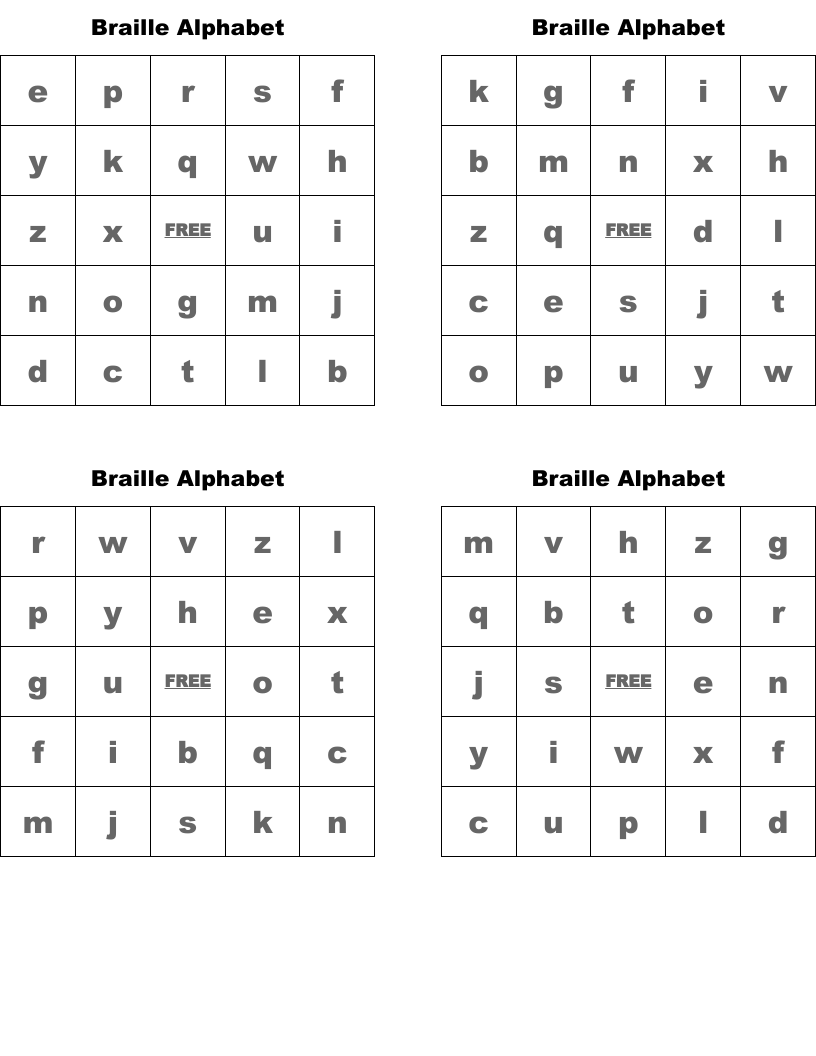 Braille Alphabet  Bingo Cards