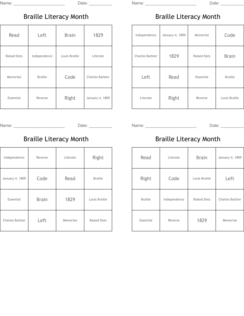 Braille Literacy Month Bingo Cards