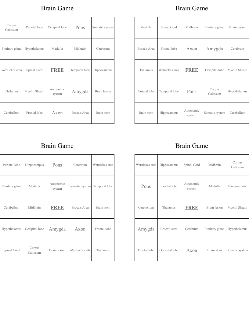 Brain Game Bingo Cards
