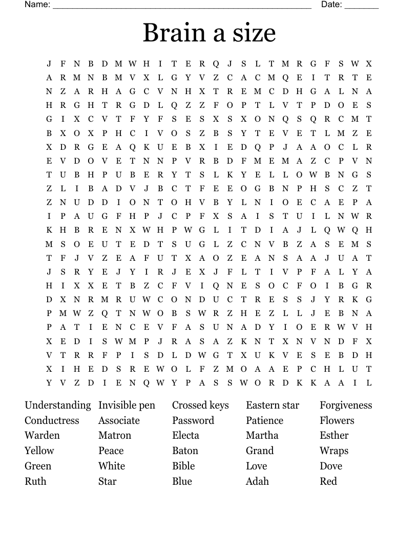Brain a size Word Search