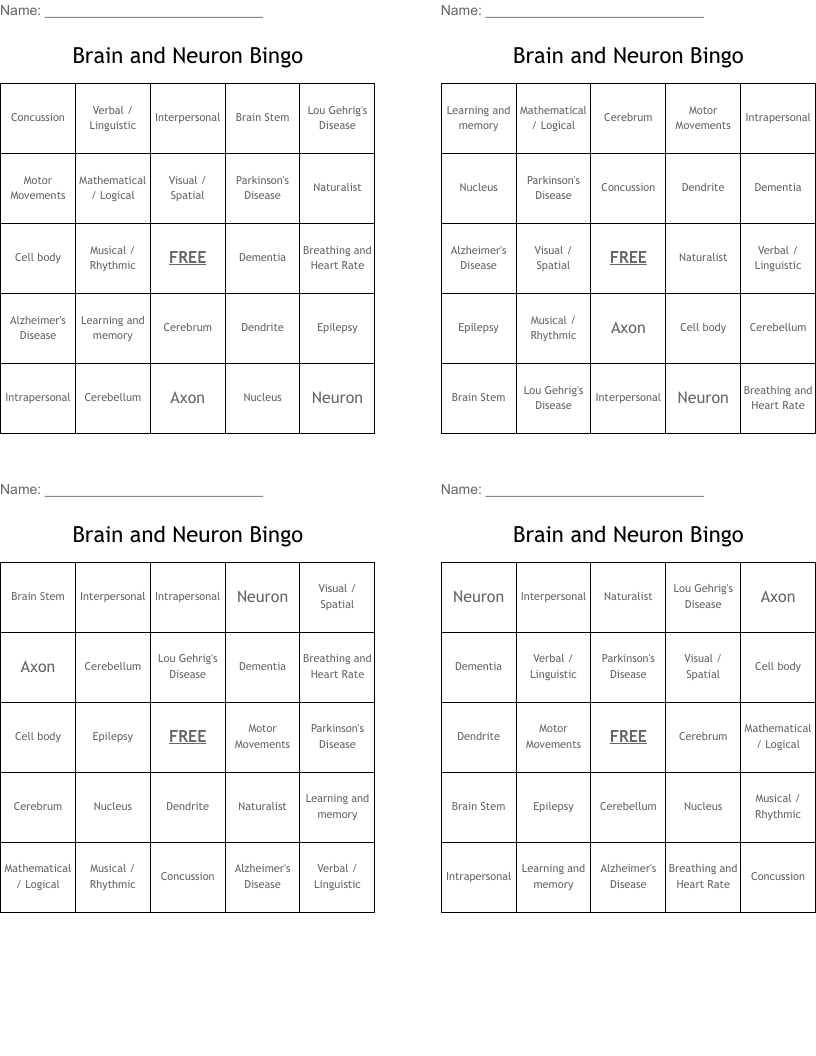 Brain and Neuron Bingo