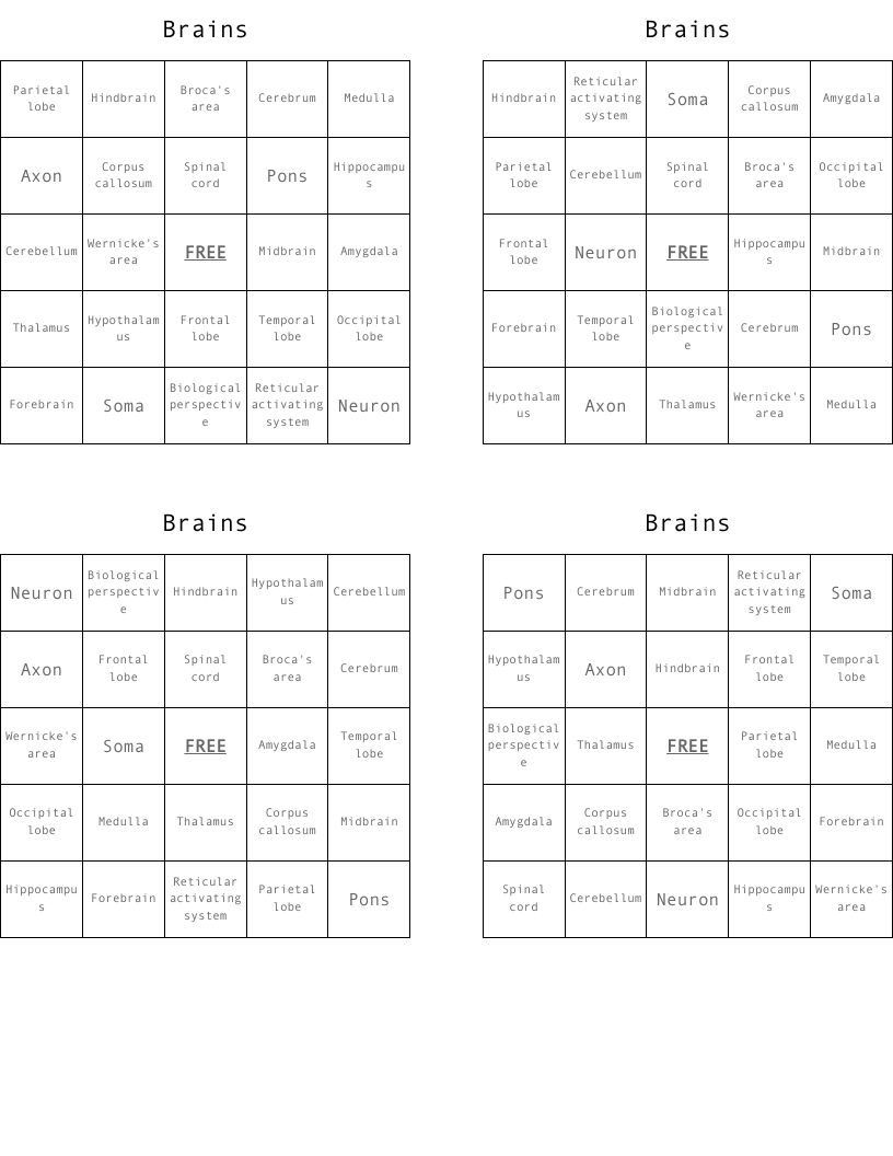 Brains Bingo Cards