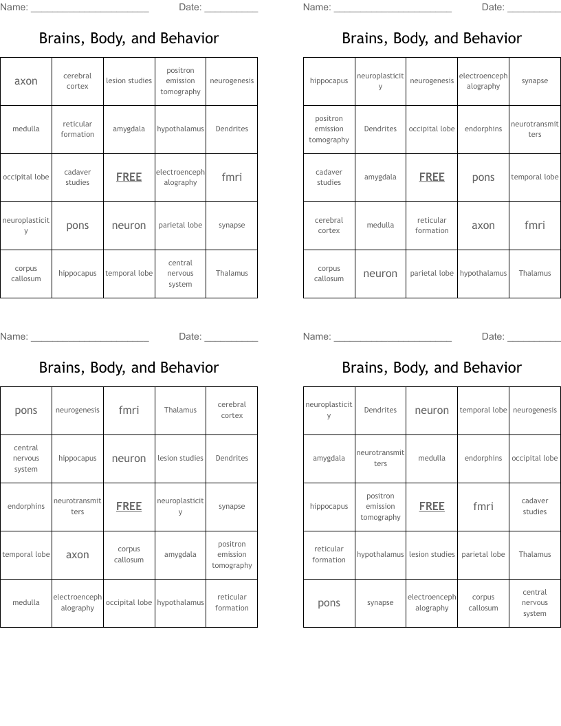 Brains, Body, and Behavior Bingo Cards