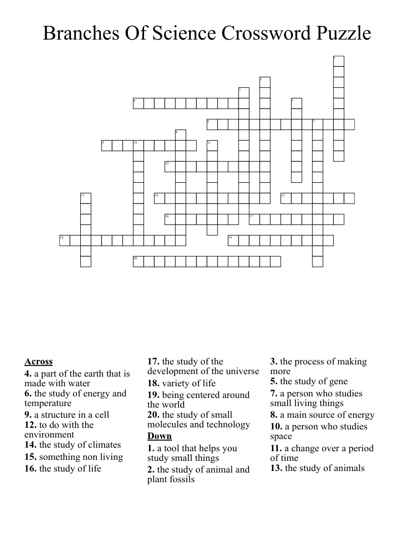Branches Of Science Crossword Puzzle