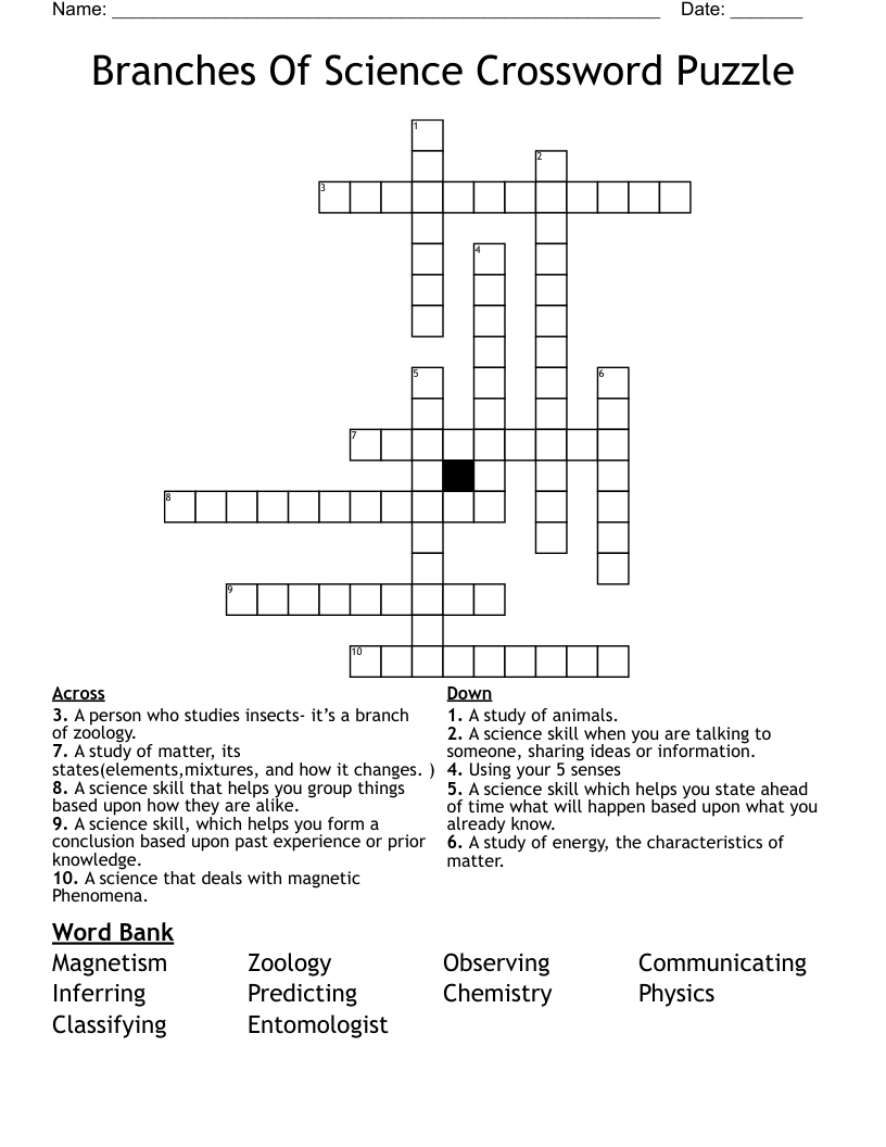 Branches Of Science Crossword Puzzle