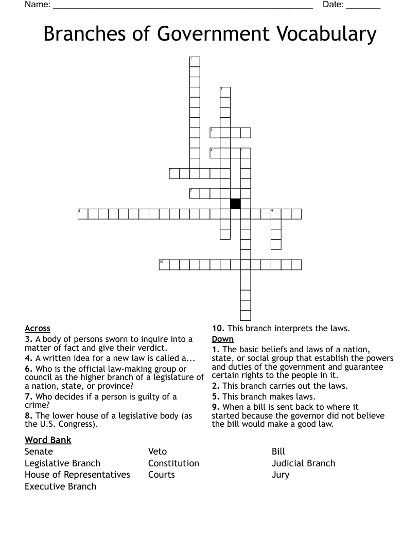 Branches of Government Vocabulary Crossword