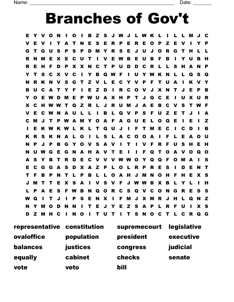 Branches of Gov't Word Search